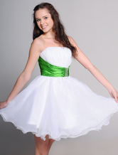 White Strapless Beaded Sash Organza Satin Summer Cocktail Dress