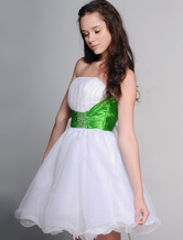 White Strapless Beaded Sash Organza Satin Summer Cocktail Dress
