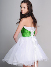 White Strapless Beaded Sash Organza Satin Summer Cocktail Dress