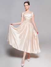 Short Sleeves Beaded Pin Tea Length Elastic Woven Satin Mother Of Bride And Groom Dress