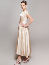 Short Sleeves Beaded Pin Tea Length Elastic Woven Satin Mother Of Bride And Groom Dress