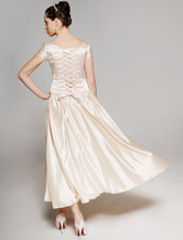 Short Sleeves Beaded Pin Tea Length Elastic Woven Satin Mother Of Bride And Groom Dress
