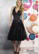 Black Deep V-Neck Knee Length Beading Tulle Net Satin Prom Dress