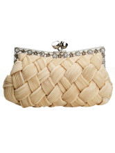 Fabulous Apricot Rhinestone Snap Closure Creased Bamboo Pattern Satin Prom Clutch