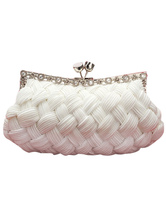 Fabulous White Rhinestone Snap Closure Creased Bamboo Pattern Satin Wedding Clutch