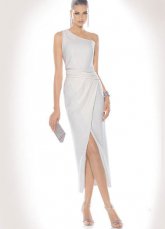 Ivory One Shoulder Slit Satin Evening Dress