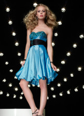 Strapless Sequins Sash Taffeta Knee Length Cocktail Prom Dress