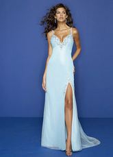 Beaded V-Neck Chiffon Satin Evening Gown