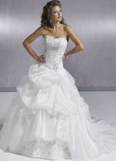 White Ball Gown Strapless Ruched Sweep Satin Wedding Gown