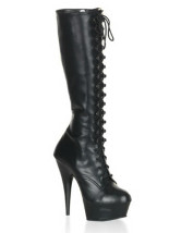 5 7/10'' Heel 1 4/5'' Platform Black Lace Tie Matt Leather Women's Mid Calf Boots