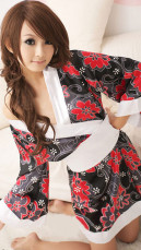 Negro y rojo manga floral Sash blanco largo vestido kimono sexy