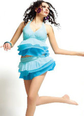 Blue Ruffle Two-Piece Skirt Spandex Mesh Swimsuit