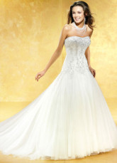 Lace Glamorous White A-line Strapless Sweep Satin Wedding Dress