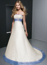 Well White Empire Waist Strapless Sweep Beading Sash Satin Wedding Gown