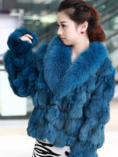 Blue Long Sleeves Fox Fur Coat