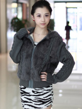 Gray Zipper manches longues à capuche Long Hair Cony Manteau de fourrure tricoté Mesdames