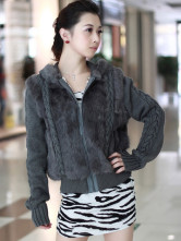 Gray Zipper manches longues à capuche Long Hair Cony Manteau de fourrure tricoté Mesdames