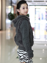 Gray Zipper manches longues à capuche Long Hair Cony Manteau de fourrure tricoté Mesdames