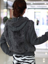 Gray Zipper manches longues à capuche Long Hair Cony Manteau de fourrure tricoté Mesdames