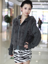 Gray Zipper manches longues à capuche Long Hair Cony Manteau de fourrure tricoté Mesdames