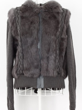 Gray Zipper manches longues à capuche Long Hair Cony Manteau de fourrure tricoté Mesdames