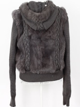 Gray Zipper manches longues à capuche Long Hair Cony Manteau de fourrure tricoté Mesdames