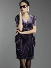 Fabulous Purple Deep V-neck Beading Cotton Polyester Women's Dress