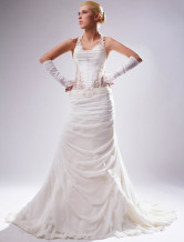 2012 White Halter Satin Chiffon Embroidery Pleated Sweep Bridal Gown