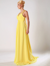 A-line V-Neck Sweep Yellow Satin Chiffon Beading Evening Dress 
