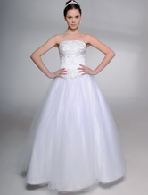 Abito da sposa bianco satin vestito da ballo senza spalline a terra 