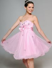Pink Sweetheart Strapless Beaded Satin Organza Summer Cocktail Homecoming Dress