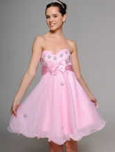 Pink Sweetheart Strapless Beaded Satin Organza Summer Cocktail Homecoming Dress