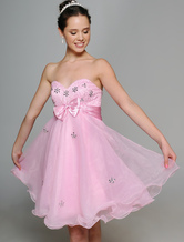 Pink Sweetheart Strapless Beaded Satin Organza Summer Cocktail Homecoming Dress