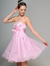 Pink Sweetheart Strapless Beaded Satin Organza Summer Cocktail Homecoming Dress