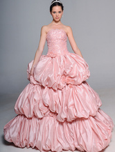 Romantic Pink Ball Gown Strapless Beading Embroidery Taffeta Wedding Dress