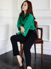 Mode vert pied de col Manches Trois Quartiers imité chemise de soie