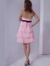Pink Strapless Ruffles Satin Chiffon Summer Homecoming Cocktail Dress