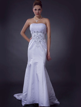 Elegant White Strapless Mermaid Trumpet Beading Embroidery Satin Wedding Dress
