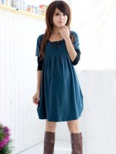 Cute Blue Cotton Pleated Maternity Dress