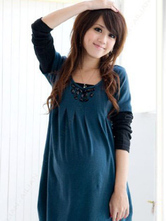 Cute Blue Cotton Pleated Maternity Dress