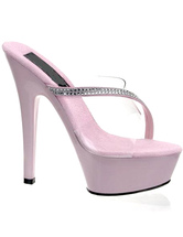 Mules plateformes sexy en PVC de pierre strass rose aux talons hauts