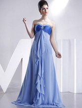 Robe de demoiselle d'honneur bleue d'A-ligne sans bretelles et de ceinture haute en mousseline de soie  