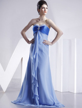 Robe de demoiselle d'honneur bleue d'A-ligne sans bretelles et de ceinture haute en mousseline de soie  