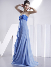 Robe de demoiselle d'honneur bleue d'A-ligne sans bretelles et de ceinture haute en mousseline de soie  