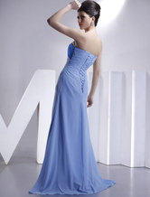 Robe de demoiselle d'honneur bleue d'A-ligne sans bretelles et de ceinture haute en mousseline de soie  