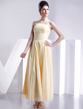 Casual Spaghetti Tea Length Pleated Satin Bridesmaid Dress