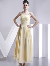 Casual Spaghetti Tea Length Pleated Satin Bridesmaid Dress