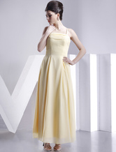 Casual Spaghetti Tea Length Pleated Satin Bridesmaid Dress