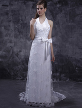 Fabulous Ivory A-line Halter V-Neck Lace Satin Wedding Gown