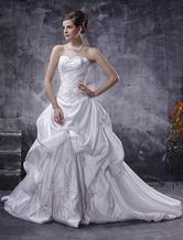 Satin Prom-Brautkleid mit Herz-Ausschnitt und Perlen-Applikation in Weiß, mit Court-Schleppe 